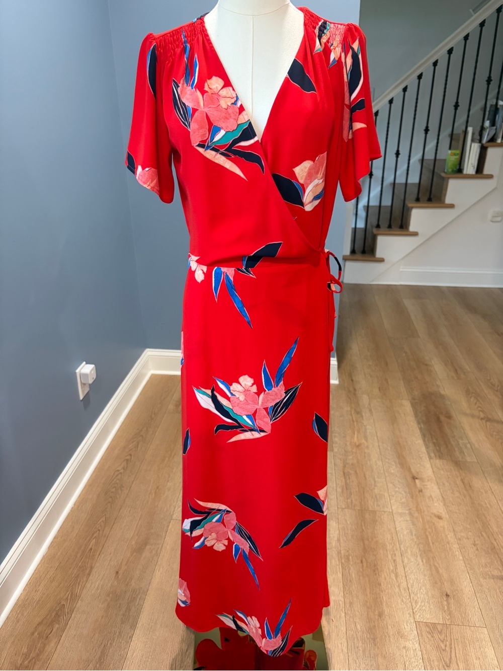A New Day Red Floral Wrap Midi Dress Flutter Sleeve Side Slit Small
